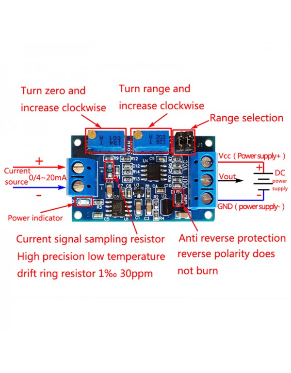 Current To Voltage Module 0 / 4-20mA To 0-3.3V5V10V Voltage Transmitter Signal Converter